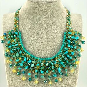 Artisan Handmade Crafted Turquoise Blue Glass Beaded Bib Crochet Necklace